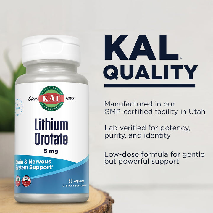Lithium Orotate 5mg | Low Serving of Chelated Lithium Orotate for Bioavailability & Mood Support | in Organic Rice Bran Extract Base | 60 VegCaps