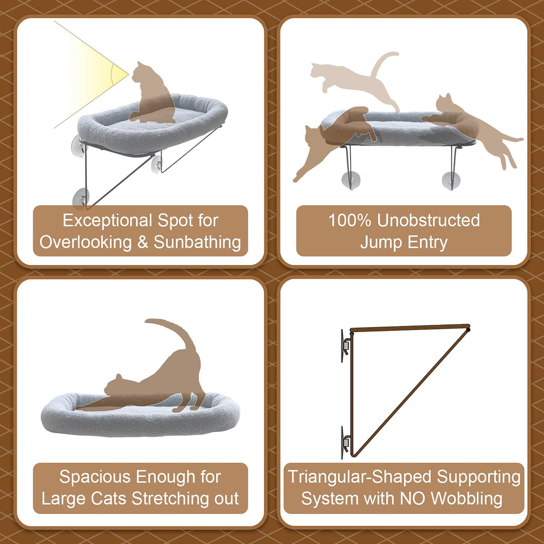 Cat Window Perch - 100% Metal Supported from Below - Comes with Warm Spacious Pet Bed - Cat Window Hammock for Large Cats & Kittens - for Sunbathing, Napping & Overlooking (Grey)