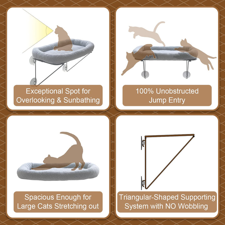 Cat Window Perch - 100% Metal Supported from Below - Comes with Warm Spacious Pet Bed - Cat Window Hammock for Large Cats & Kittens - for Sunbathing, Napping & Overlooking (Grey)