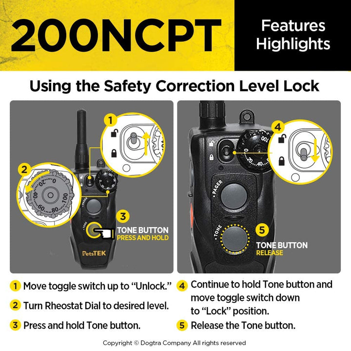 200NCPT Electronic Dog Training Collar with Remote for Small Dogs to Large Dogs - 2640 ft Range, Vibration, Tone, 100 Stimulation Levels, Safety Lock, Waterproof, Rechargeable, PetsTEK Edition