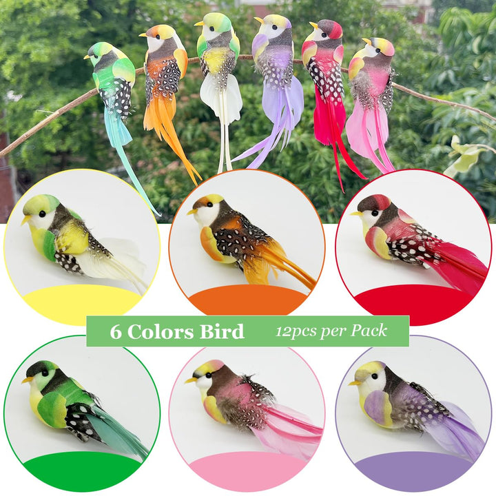 12pcs Artificial Simulation Foam Feather Birds 4.7 Realistic Sparrow Bird Clip on Ornaments for Christmas Tree Decoration Wreath Crafts Home Party Accessories