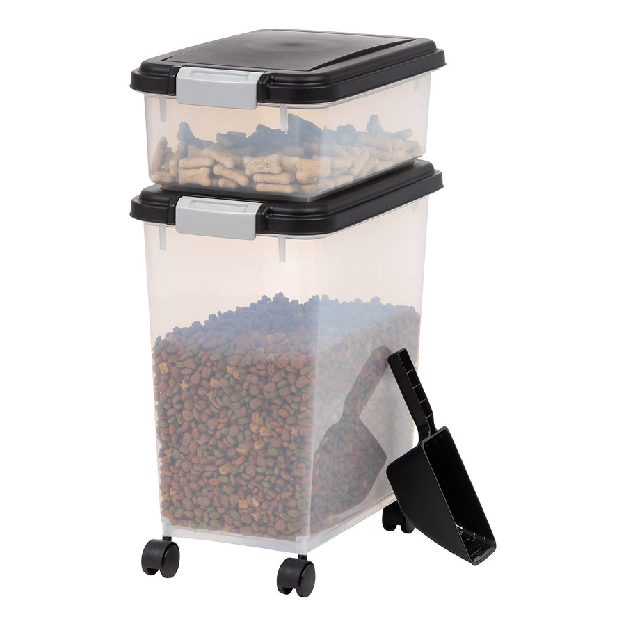 USA Dog Food Storage Container, 30 lbs & 11 lbs Combo, Cat Food Storage Container, Dog Treat Container, Airtight, Stackable, 2-Cup Scoop, Wheels, Easy Mobility, Black