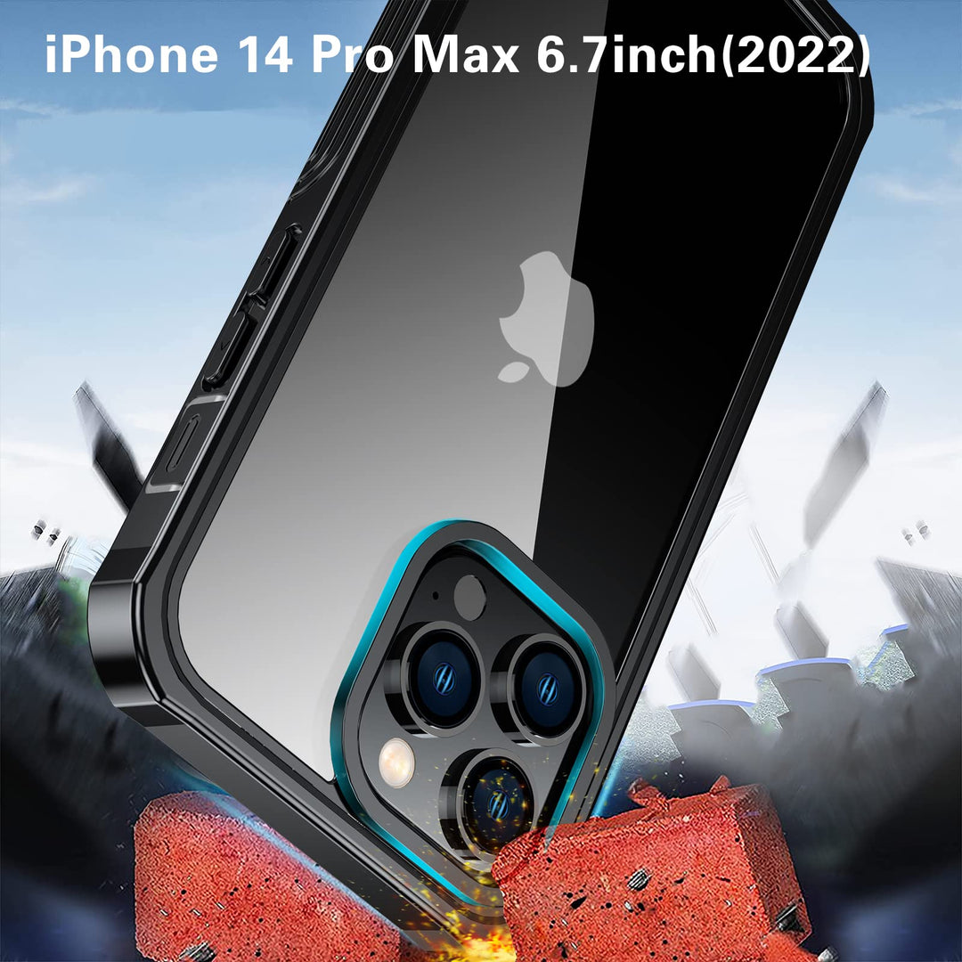 for iPhone 14 Pro Max Case, 2022 Upgrade Tempered Glass Clear Bumper Case with Built-in 9H Screen Protector, Full Body Protective Shockproof Rugged Cover for iPhone 14 Pro Max 5G 6.7’’(Black)