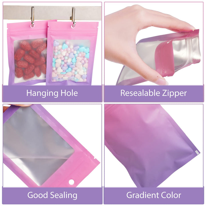 Funfery 100 Pieces Resealable Smell Proof Bags for Food Storage,Clear Cute Mylar Bags for Small Business Foil Pouch Ziplock Packaging Bags for Sample Jewelry Eyelash Gloss(Pink Purple, 4×6in)