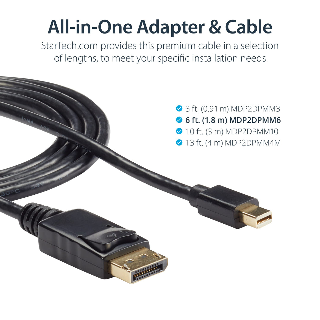 10ft Mini DisplayPort to DisplayPort Cable - M/M - mDP to DP 1.2 Adapter Cable - Thunderbolt to DP w/ HBR2 Support (MDP2DPMM10) , Black