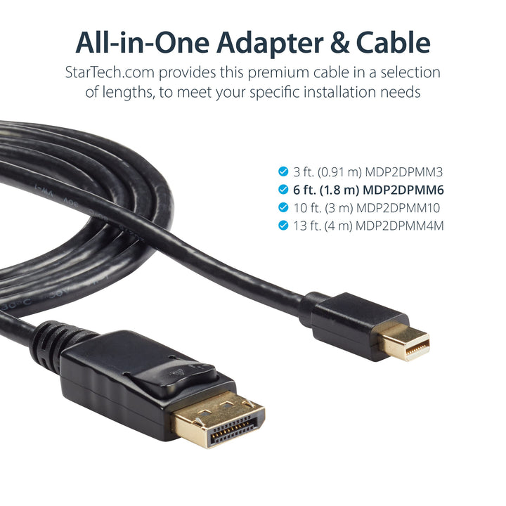 10ft Mini DisplayPort to DisplayPort Cable - M/M - mDP to DP 1.2 Adapter Cable - Thunderbolt to DP w/ HBR2 Support (MDP2DPMM10) , Black