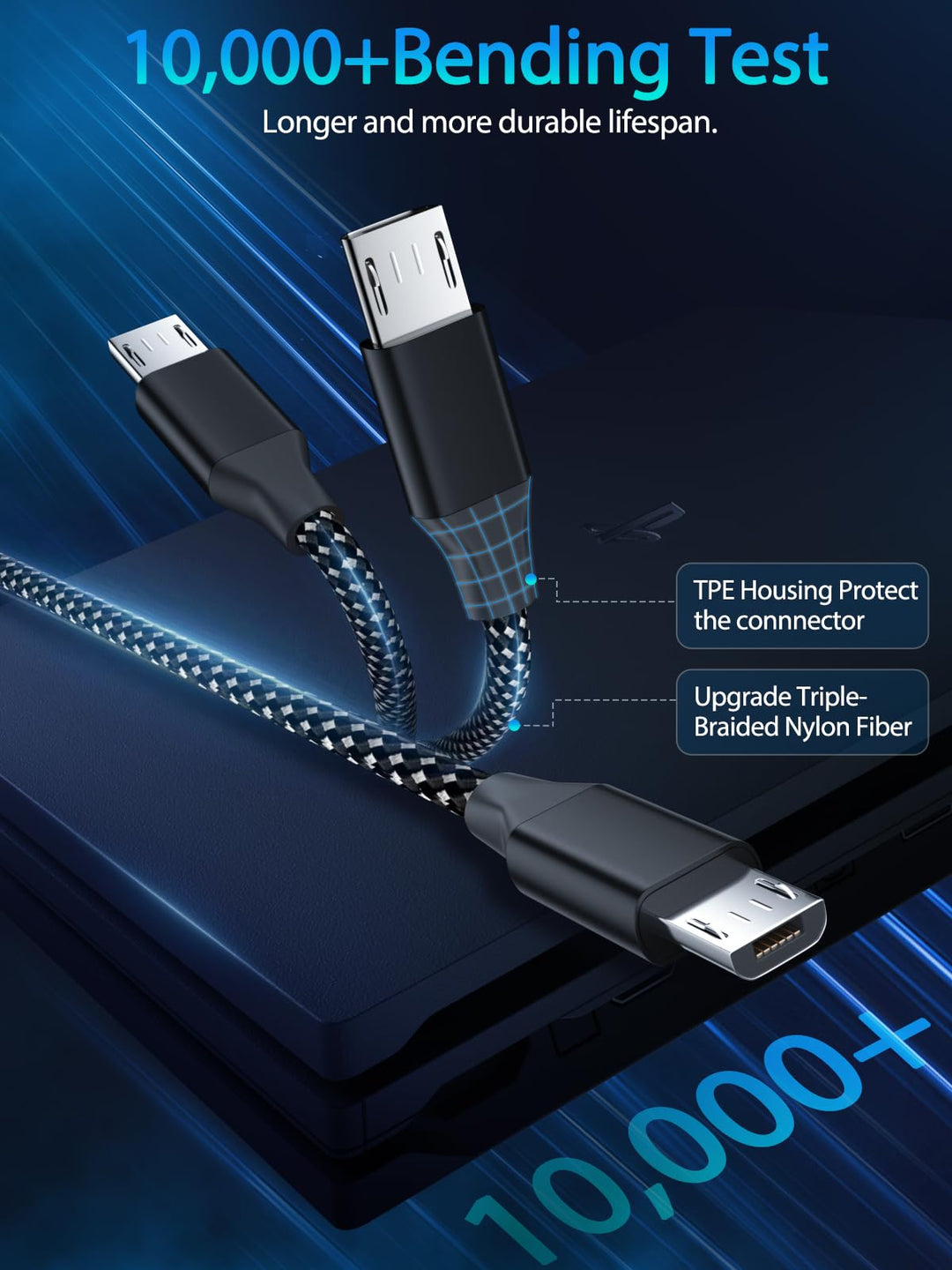 PS4 Controller Charger Cable 3-Pack 6FT for Xbox One Controller,Dualshock 4,PS4 Charging Cord,Nylon Braided Micro USB Data Sync Cable for Xbox One S/X,Playstation 4,PS4 Slim/Pro,Charge and Play Wire