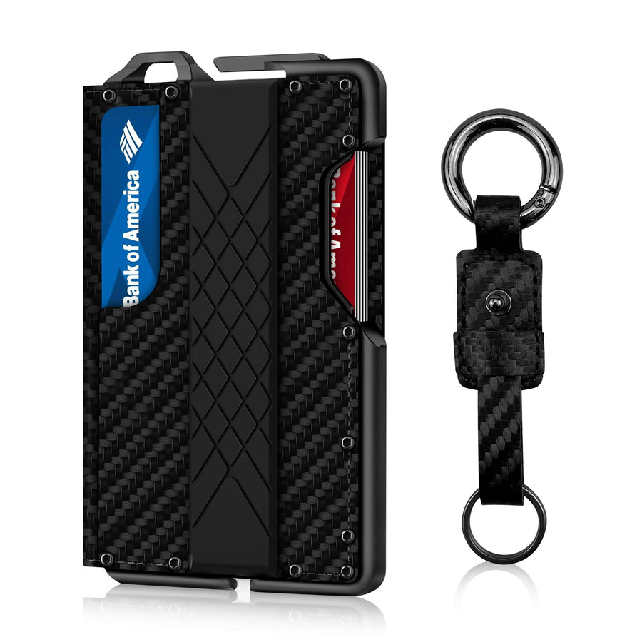 Tactical Minimalist Wallet for Men, Slim RFID-Blocking Metal Card Holder, Front Pocket Men’s Leather Dapper Bifold Wallet with Money Clip with Keychain (Carbon Fiber)