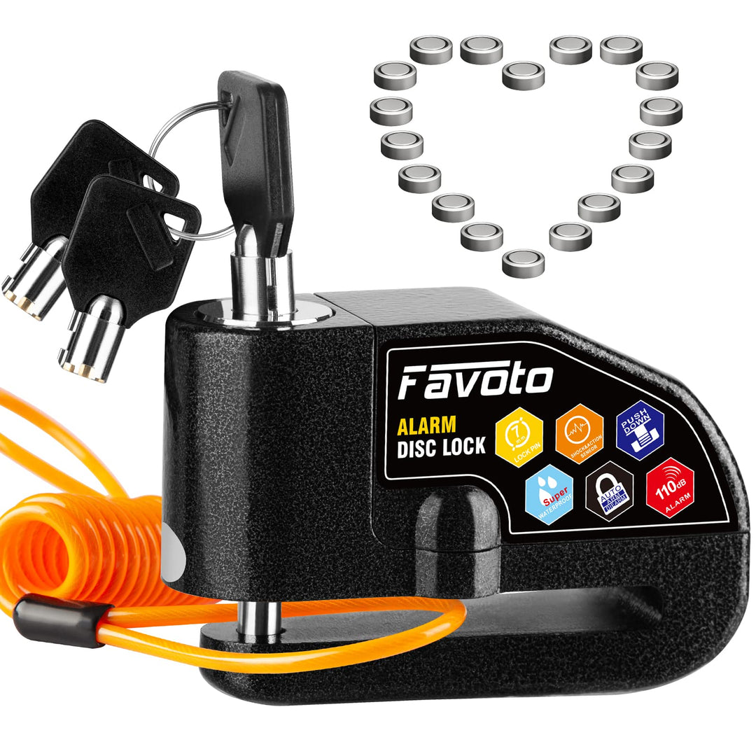 Alarm Disc Lock, 3 Keys and 18 Batteries (5-Year Availability), 110 dB Waterproof Anti-Theft Security Brake Padlock, 7mm Lock Pin with Reminder Cable, Fit for Motorcycle E-Bike Bicycle Scooter