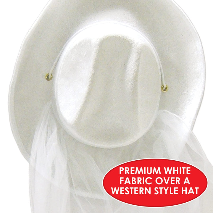 Western Bride’s Cowboy Hat & Veil – One Size Fits Most, Adjustable Chin Strap, Bachelorette Outfit for Bride, Bachelorette Veil for Bride, Novelty Bridal Shower Hat