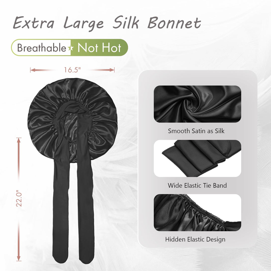Silk Bonnet for Sleeping Women Satin Bonnet Hair Bonnet Large Bonnet Night Sleep Cap Scarf Wrap for Curly Hair with Tie Band Black