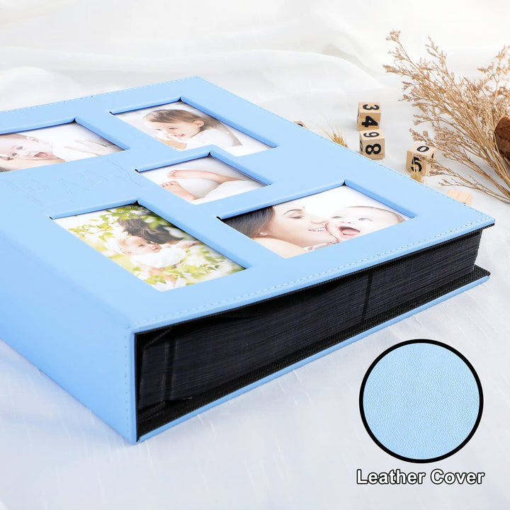 Baby Photo Album 4x6 500 Pocket Pictures, Leather Cover Newborn Shower Boy Bebe Album Holds 500 Horizontal Vertical Photos Blue
