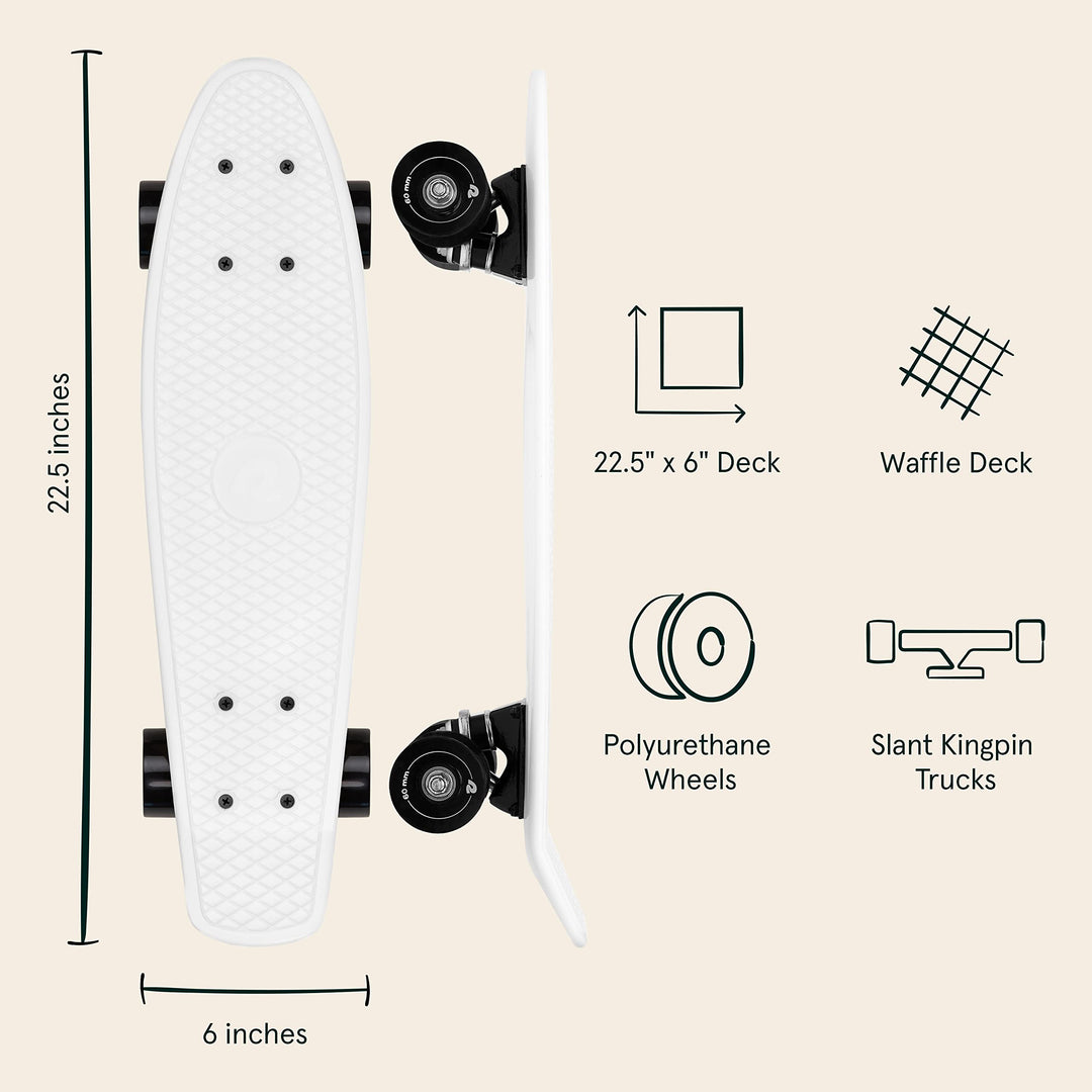Quip Mini Cruiser Skateboard 22.5 and 27 Classic Retro Plastic Cruiser Complete Skateboard with ABEC 7 Bearings and PU Wheels Compact Board with Grippy, Molded Waffle Deck