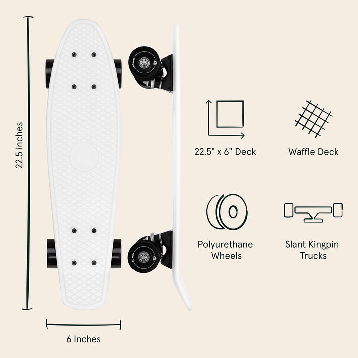 Quip Mini Cruiser Skateboard 22.5 and 27 Classic Retro Plastic Cruiser Complete Skateboard with ABEC 7 Bearings and PU Wheels Compact Board with Grippy, Molded Waffle Deck
