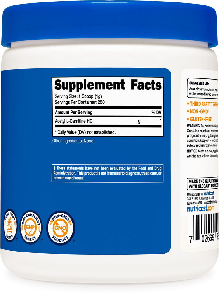 Acetyl L-Carnitine (ALCAR) 250 Grams Powder - 1G Per Serving - 250 Servings