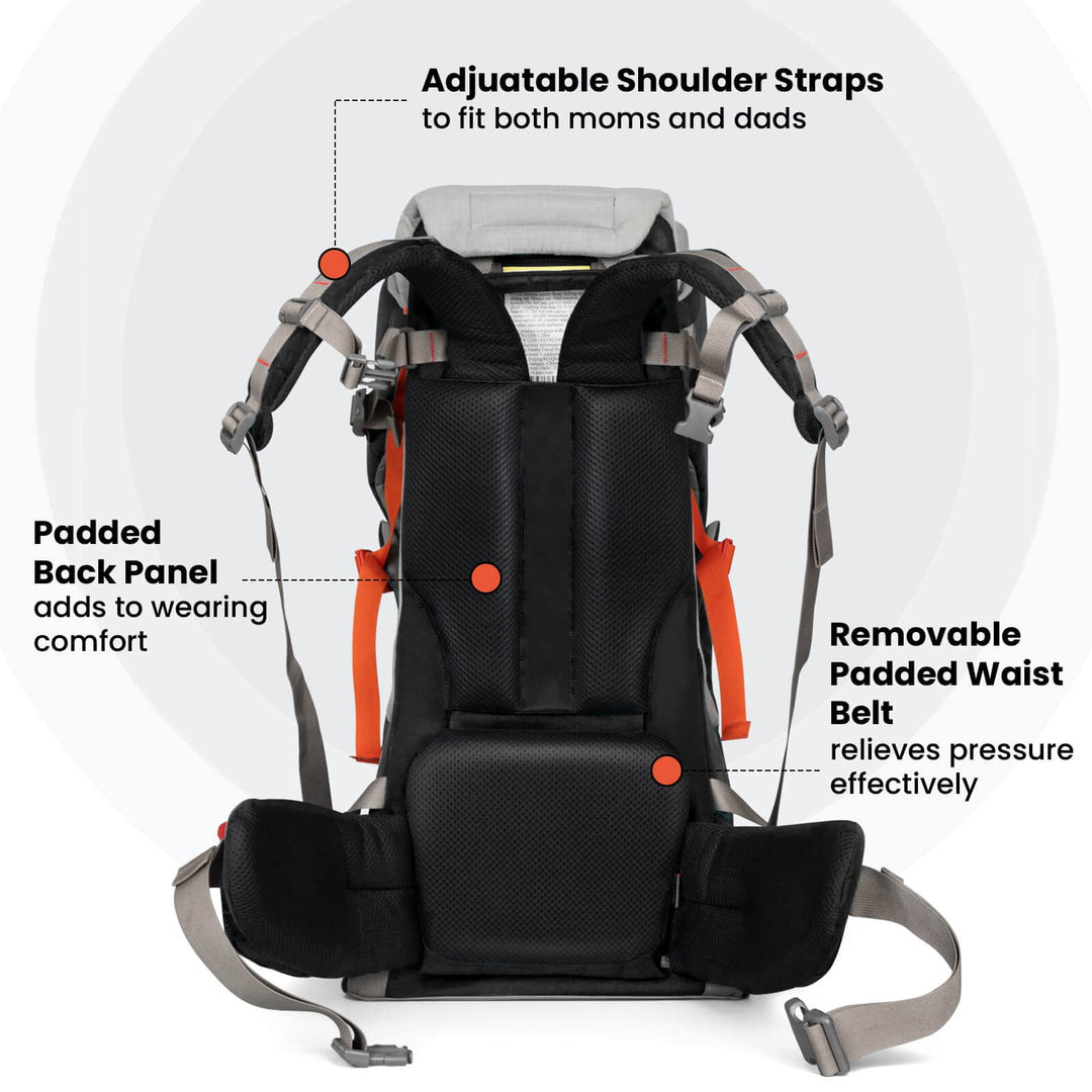 Baby Backpack Carrier, Ergonomic Child Carrier Hiking with Sun Canopy, Safe Toddler Hiking Backpack Carrier with Large Storage Space&Insulated Pocket, Adjustable Padded Child Seat, Black