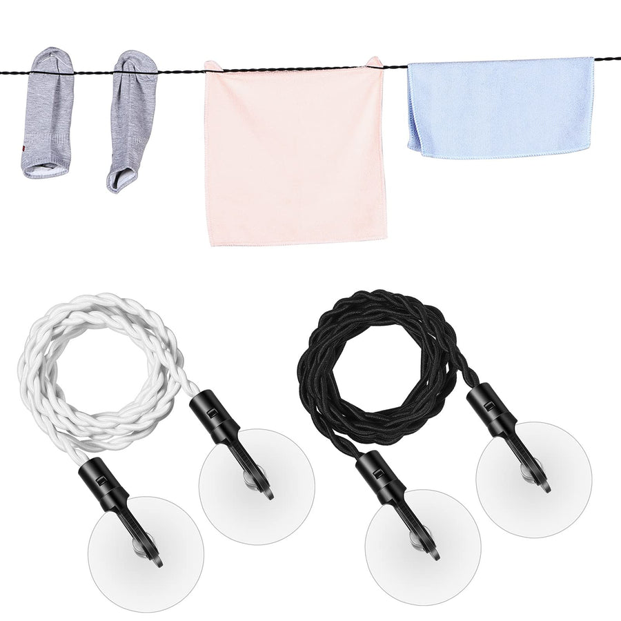 2 Pieces Travel Clothesline Portable Retractable Clothesline with Hooks and Suction Cups Camping Accessories Cruise Essentials for Outdoor and Indoor Use (Black, White)