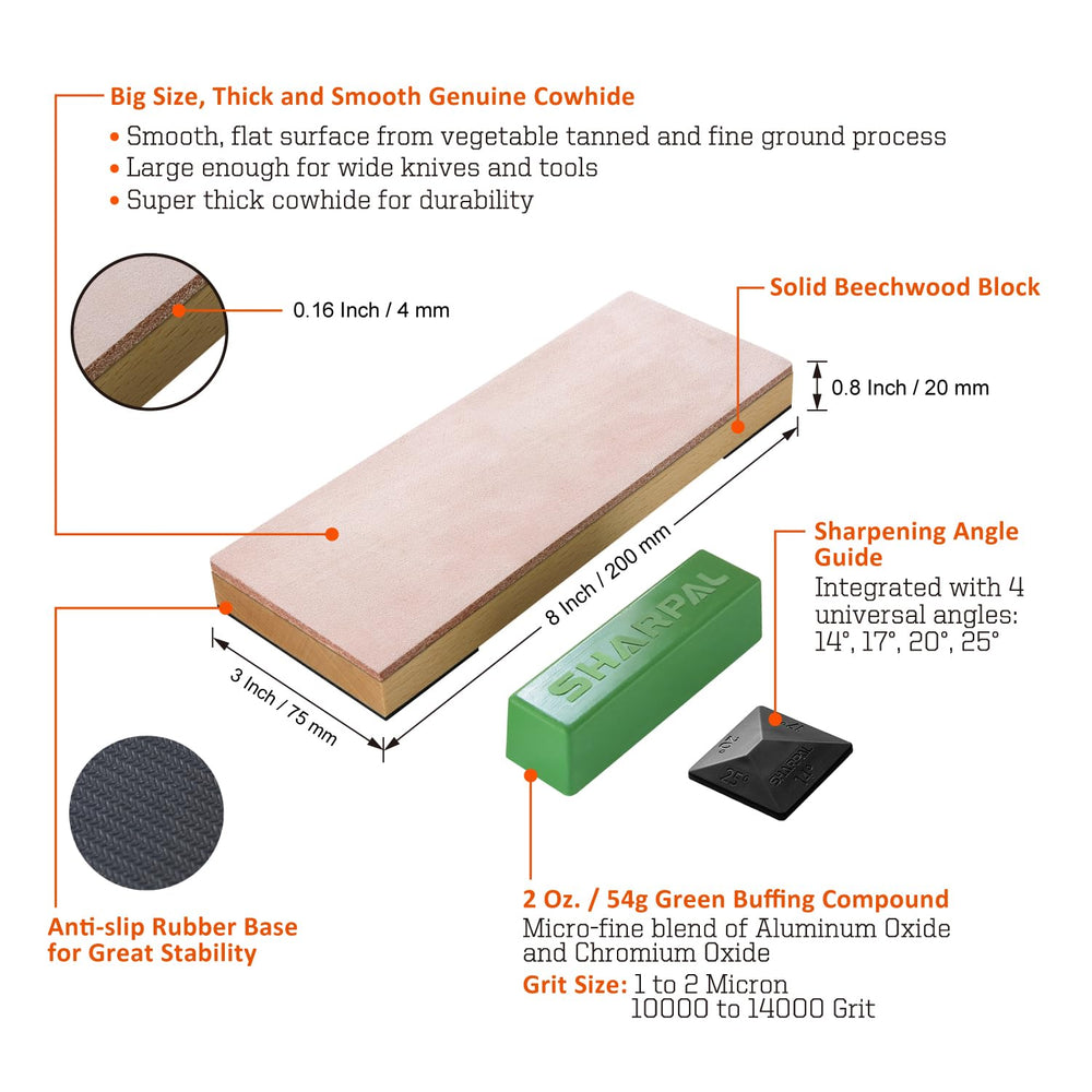 204N Leather Strop (Genuine Cowhide) 8 x 3 Kit with 2 Oz. Polishing Compound & Angle Guide, Knife Stropping Block for Sharpening & Honing Knives, Straight Razor, Woodcarving Chisels