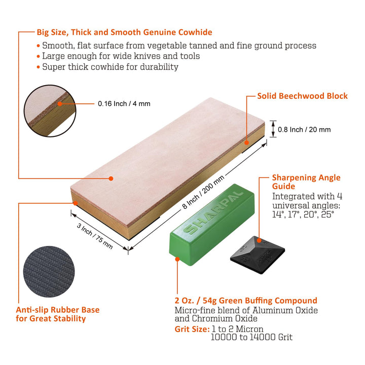 204N Leather Strop (Genuine Cowhide) 8 x 3 Kit with 2 Oz. Polishing Compound & Angle Guide, Knife Stropping Block for Sharpening & Honing Knives, Straight Razor, Woodcarving Chisels