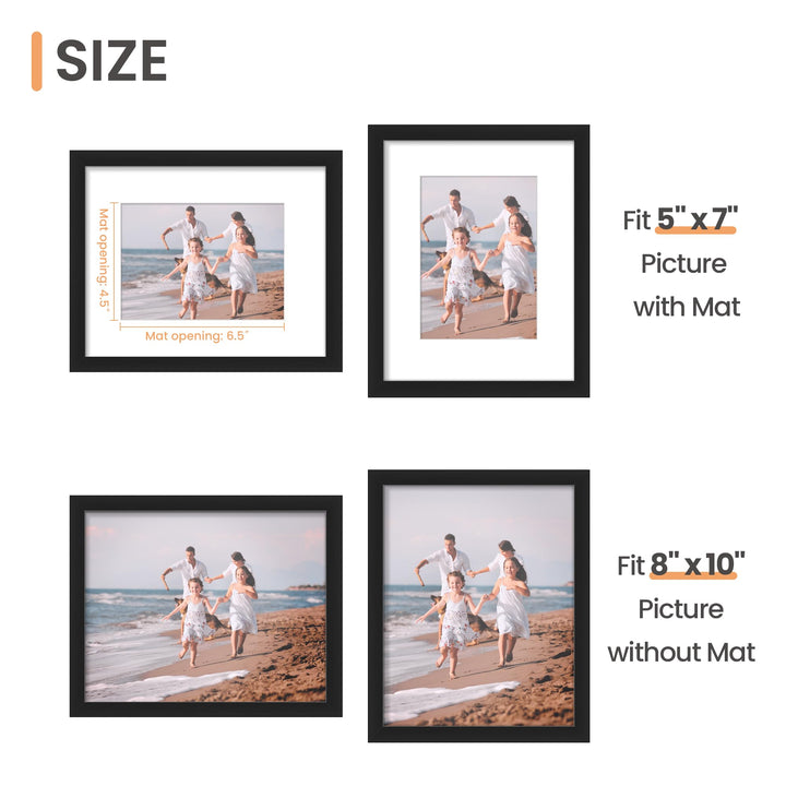 8x10 Picture Frame, Display Pictures 5x7 with Mat or 8x10 Without Mat, Wall Hanging Photo Frame, Black, 1 Pack
