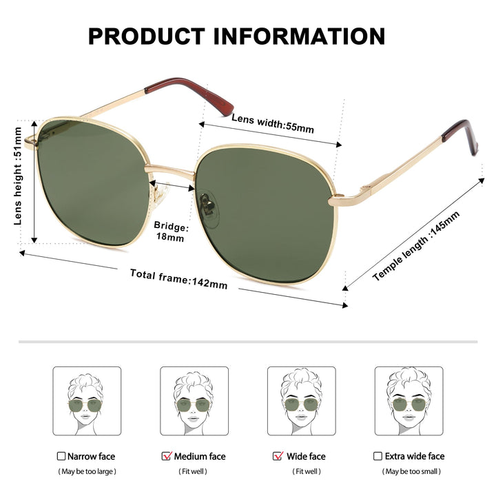 Classic Trendy Square Sunglasses for Women Men Cute Big Frame Gold Shades SJ1137, Gold/Dark Green