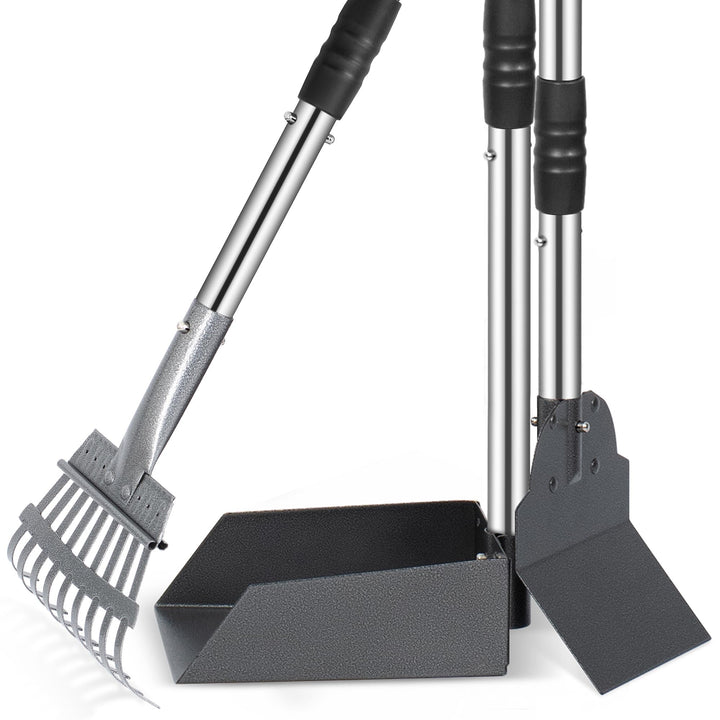 Dog Pooper Scooper, Dog Poop Tray and Rake Set, Pet Waste Removal Scoop with Long Adjustable Sectional Stainless Handles