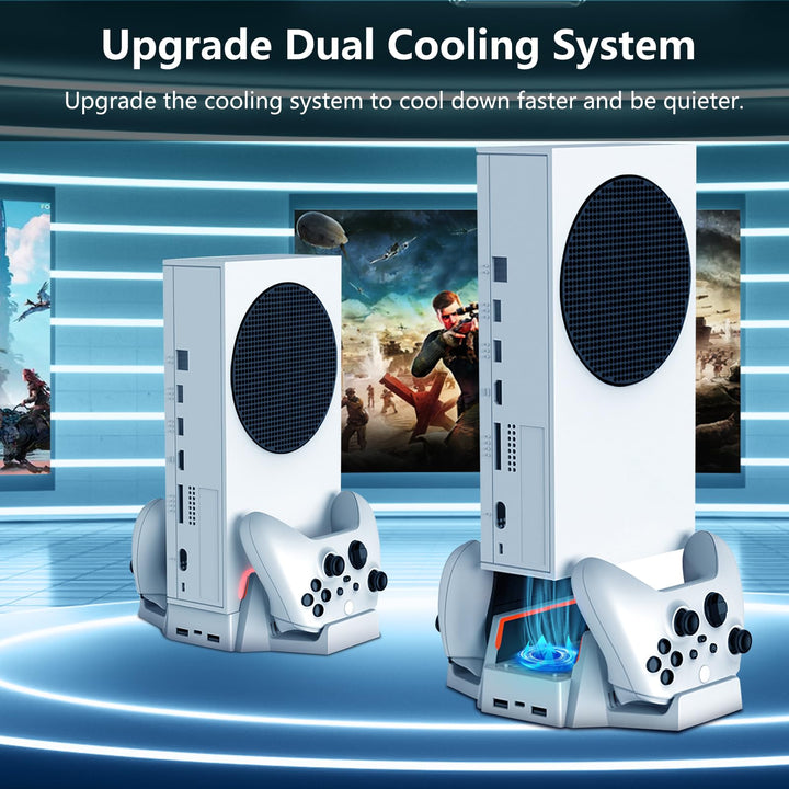 Upgraded Xbox Series S Cooling Stand with Dual Cooling Fan 3 Level Adjustable Speed, Dual Controller Charger with LED Indicator USB Port - 2 x 800mAh Rechargeable