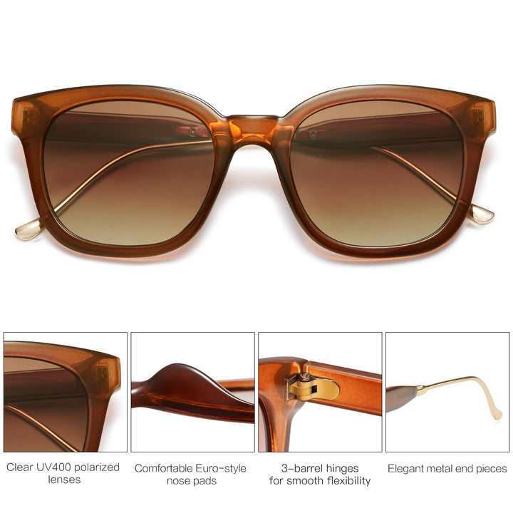 Classic Square Polarized Sunglasses Womens Mens Retro Trendy UV400 Sunnies SJ2050, Dark Brown/Brown