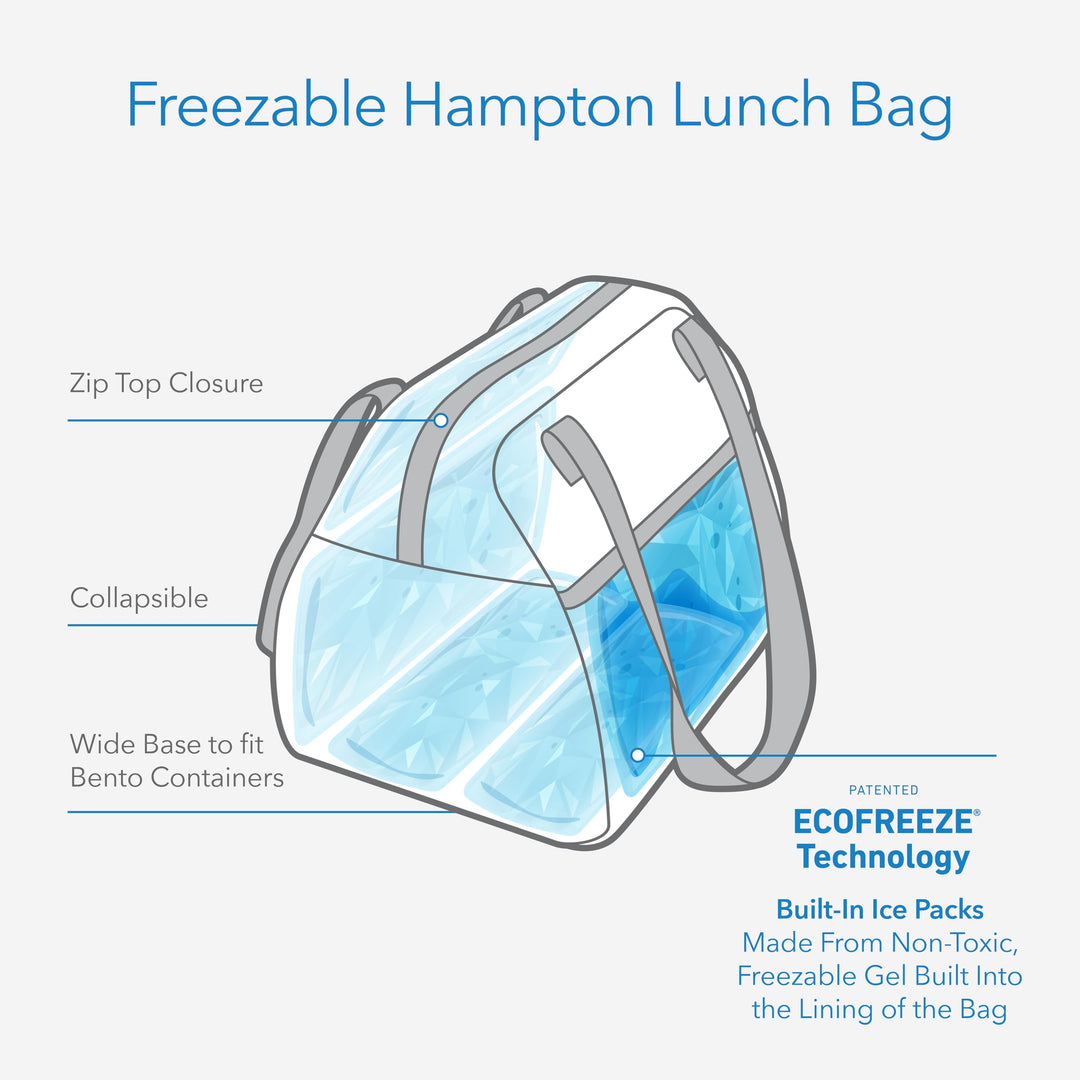 Freezable Hampton Lunch Bag, Black Grid, Built with EcoFreeze Technology, Collapsible, Reusable, Zip Closure with Front Pocket and Shoulder Straps, Perfect for Tweens and Adults