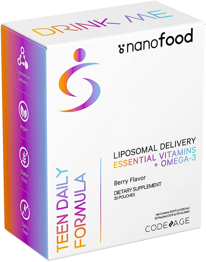 Multivitamins For Teens, Liquid Vitamin C for Teenagers, Vitamin A B6 B12 D3 E For Kids, Biotin Zinc Omega-3 Folate, Liposomal Vitamins Supplement, One Daily Sachet, Vegan, Non-GMO, 30 Pouches