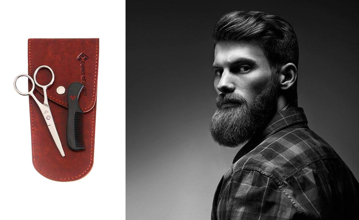 Beard Scissors Small and Comb with Case - Kit for Men Gift Set - for Trimming, Grooming, Cutting Mustache, Beards-