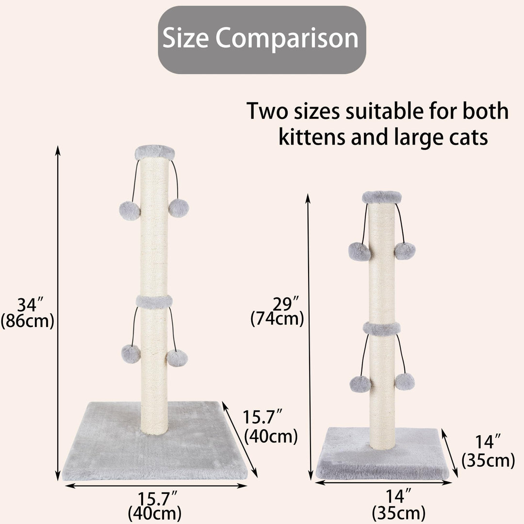 29'' Cat Scratching Post, Natural Sisal Rope Scratcher Post, Kitten Claw Scratch with 4 DanglingToy Balls for Large Cats (Grey)