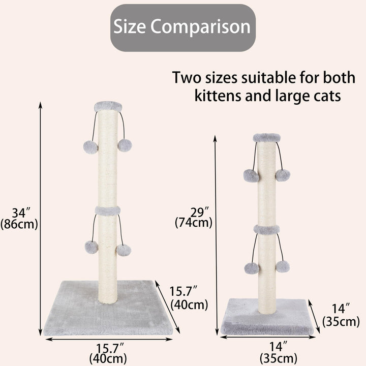 29'' Cat Scratching Post, Natural Sisal Rope Scratcher Post, Kitten Claw Scratch with 4 DanglingToy Balls for Large Cats (Grey)