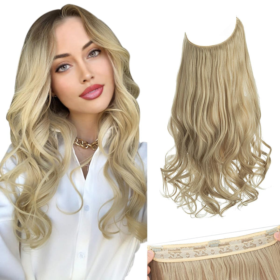 Ash Blonde Halo Hair Extension Secret Invisiable Flip Hidden Wire Crown Natural Curly Long Synthetic Hairpiece For Women Japan Heat Temperature Fiber 18 4.4oz M01&24/613