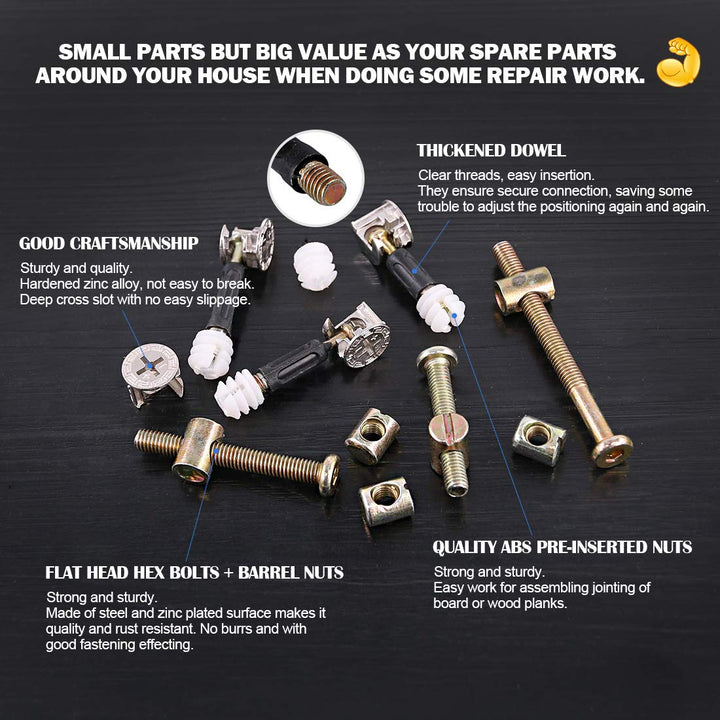 125 Pcs 3 in 1 Cam Fitting with Dowel and Pre-Inserted Nut with Zinc Plated Hex Drive Socket Cap Furniture Barrel Nuts Crib Screws Assortment Kit Furniture Connecting Hardware Connectors
