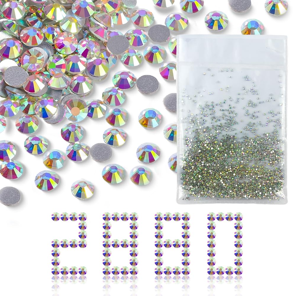 Sparkling 2880pcs SS4 1.5mm Nail Crystals Beads AB Nail Art Rhinestones Round Flatback Glass Gems Stones Diamonds Accessories for Nails Decoration Crafts Eye Makeup Clothes Shoes(2880pcs SS4)