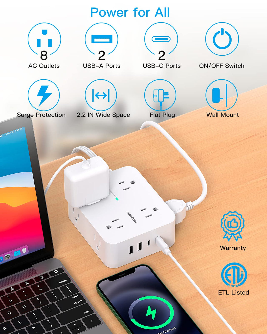 Surge Protector Power Strip, Extension Cord with Multiple Outlets, 5 Ft Ultra Thin Flat Plug 8 Outlets 4 USB Ports(2USB C), 1080J Outlet Extender for Home Office College Dorm Room Essentials