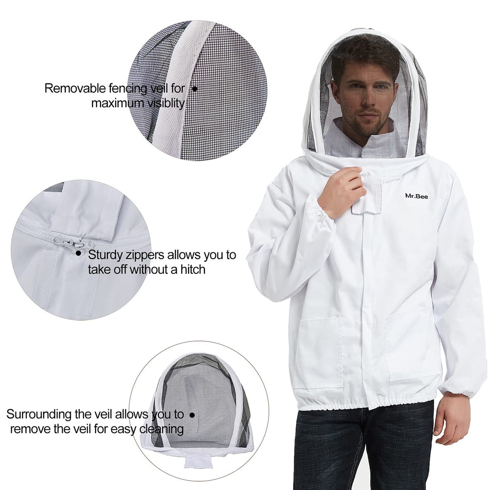 Premium Beekeeping Suit Jacket with Removable Fencing Veil Hood, Beekeeper Goatskin Gloves for Professional Beekeepers (XL)