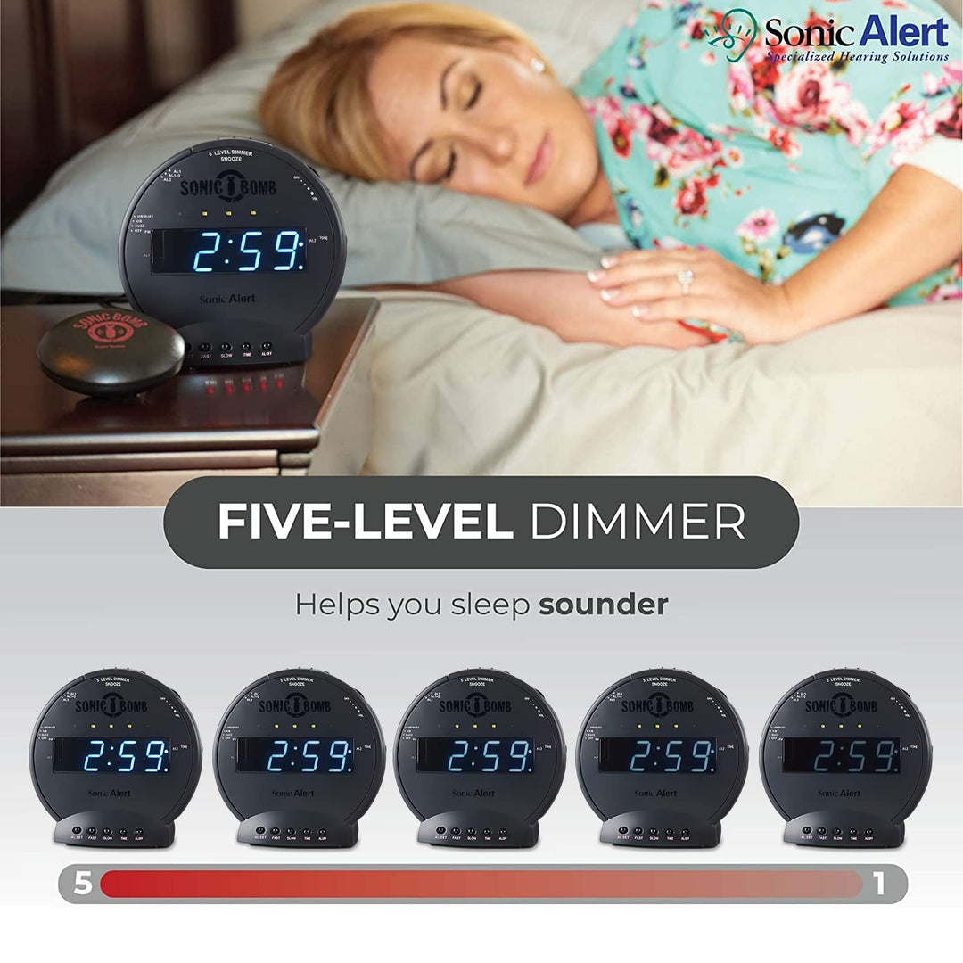 Sonic Bomb Dual Alarm Clock with Bed Shaker, Black Vibrating Alarm Clock Heavy Sleepers, Battery Backup | Wake with a Shake