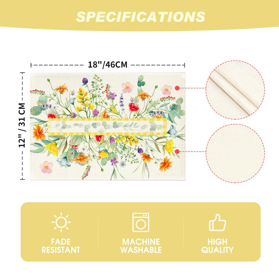 Wildflower Floral Eucalyptus Leaves Placemats for Dining Table, 12 x 18 Inch Spring Summer Seasonal Decoration Rustic Washable Table Mats Set of 4 Green