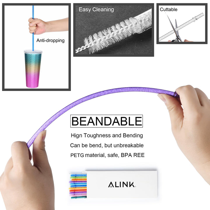 12-Pack Glitter Reusable Clear Plastic Straws, 11 Long Hard Tumbler Drinking Straws with Cleaning Brush (10 Colors)