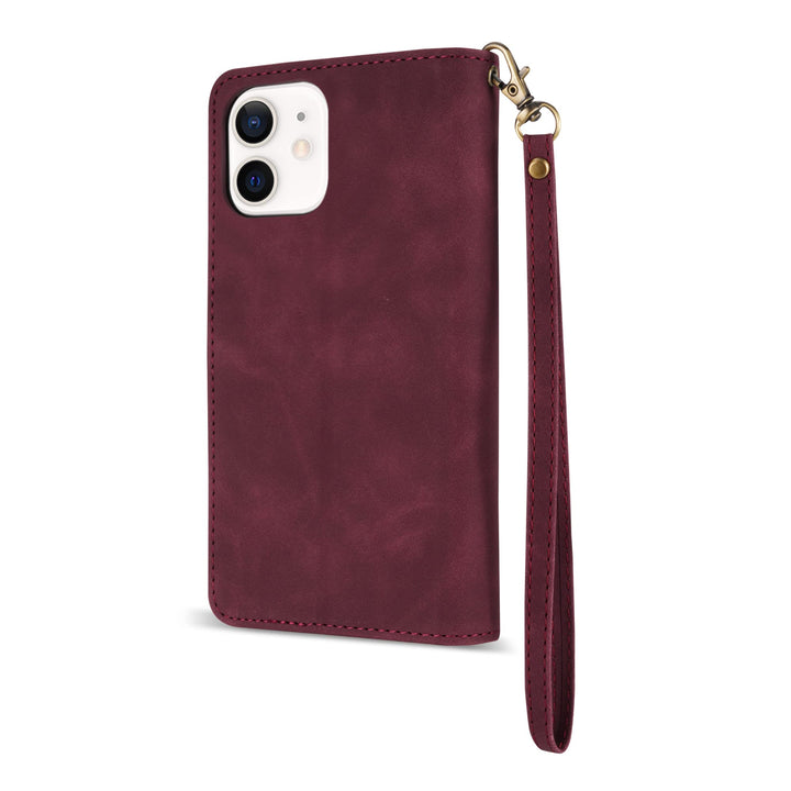 for iPhone 12 Case Wallet,iPhone 12 Pro Wallet Case with Card Slot Premium Soft PU Leather Zipper Folio Wallet with Wrist Strap Kickstand Protective for iPhone 12 Wallet Case(Wine Red 6.1 inch)