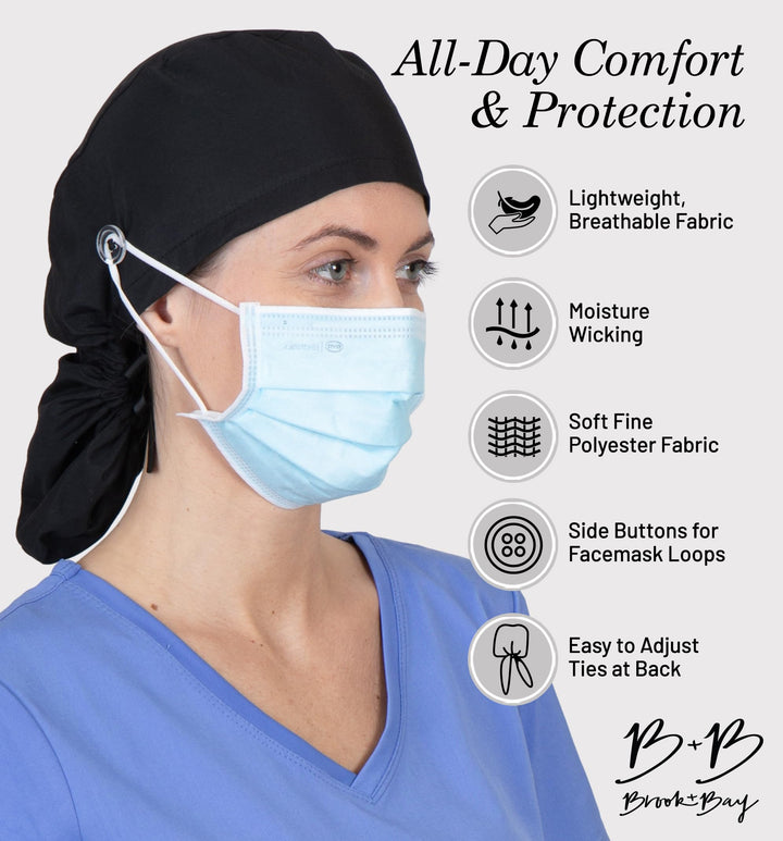 Scrub Caps Women Ponytail - Surgical Caps for Women Long Hair - Nurse Cap - Scrub Hats for Nurses - Bouffant Scrub Cap, Black (Ponytail), One Size