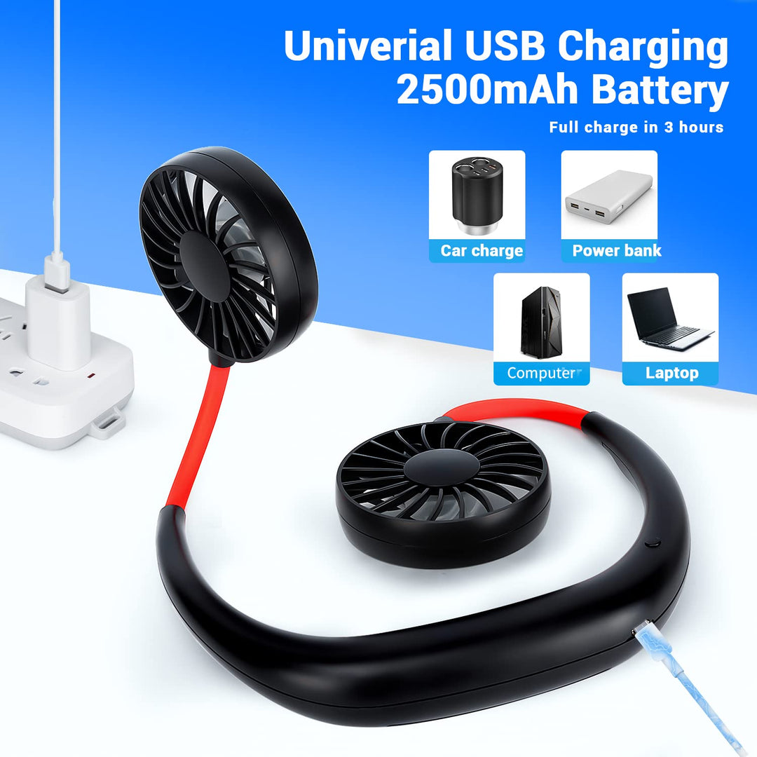 Portable Neck Fan Rechargeable Personal HandFree Fan Mini USB Wearable Neckband Sport Fan 3 Speed Adjustable 360 Degrees Free Rotation Perfect for Working Traveling Office Reading (Red Black 2 Pack)