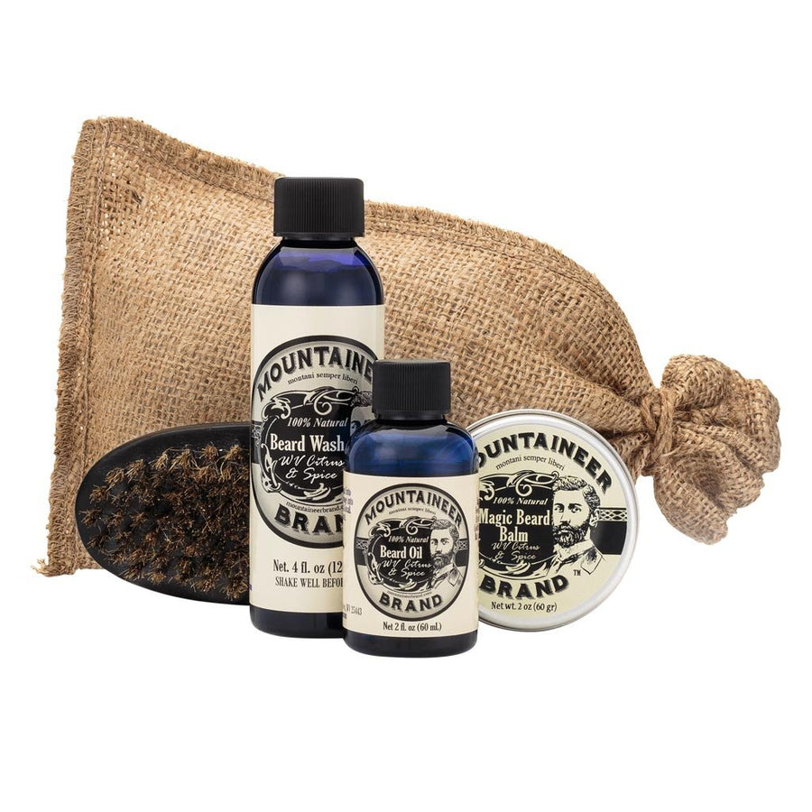 Beard Grooming Kit for Men | Beard Oil, Conditioning Balm, Wash, Brush | Mustache Growth Essentials | WV Citrus & Spice Scented