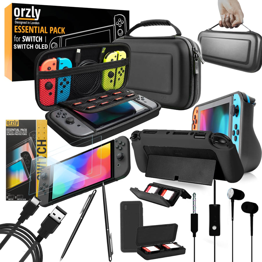 Switch Accessories Bundle - Essentials Pack for Nintendo switch OLED Case & Screen Protector , Grip Case, Games Holder, Headphones - Classic Black Edition