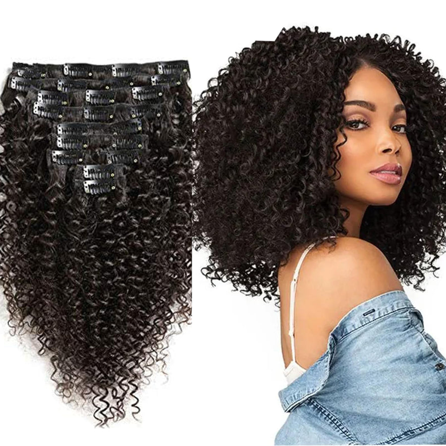 Afro Kinky Curly Hair Clip In Human Hair Extensions3A/ 3B /3C 100% Human Natural Black Color Hair Clip Ins Full Head Brazilian Virgin Remy Hair 8PC/Set 100G for Black Women (16INCH/40CM)
