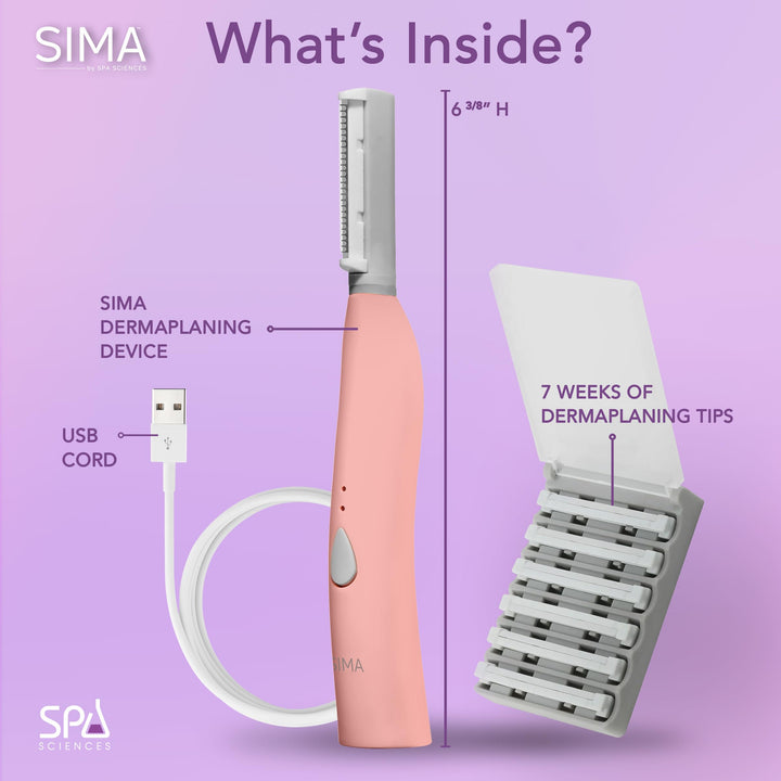 - SIMA Sonic Dermaplaning Tool - Patented Painless 2 in 1 Facial Exfoliation & Peach Fuzz-Hair Removal System w/ 7 Weeks Treatment Included - Anti-Aging – 3 Speeds – Rechargeable