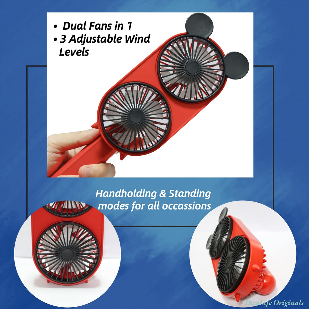 Cute Personal Mini Fan, Handheld & Portable USB Rechargeable Fan, Twin Fan with 3 Adjustable Speeds, Perfect Cooling For Indoor Or Outdoor Activities, Cute Mouse (Dual-Fan)