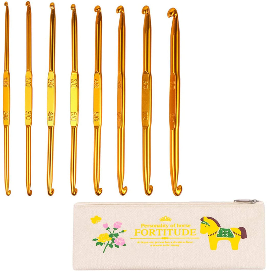 Crochet Hooks Set with Storage Case, 8PCS Double Ended Crochet Hooks Golden Aluminum Sweater Yarn Knitting Needles Weave Craft Tool Kit for DIY Sewing, 1-8mm